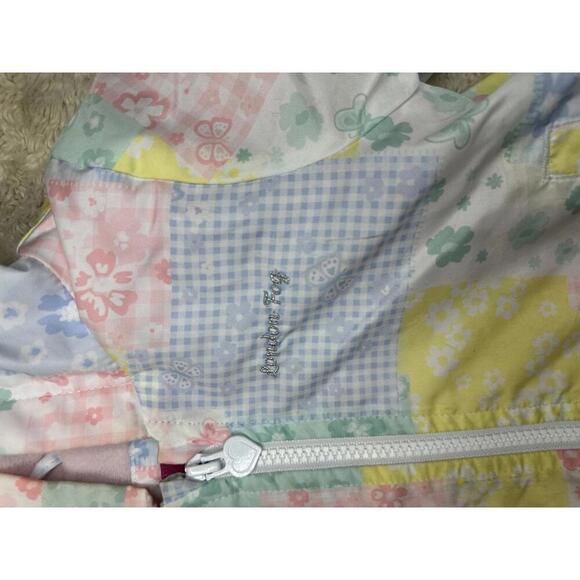 London Fog multicolored patchwork zip front ruffled hooded raincoat Size 12M - Picture 3 of 7